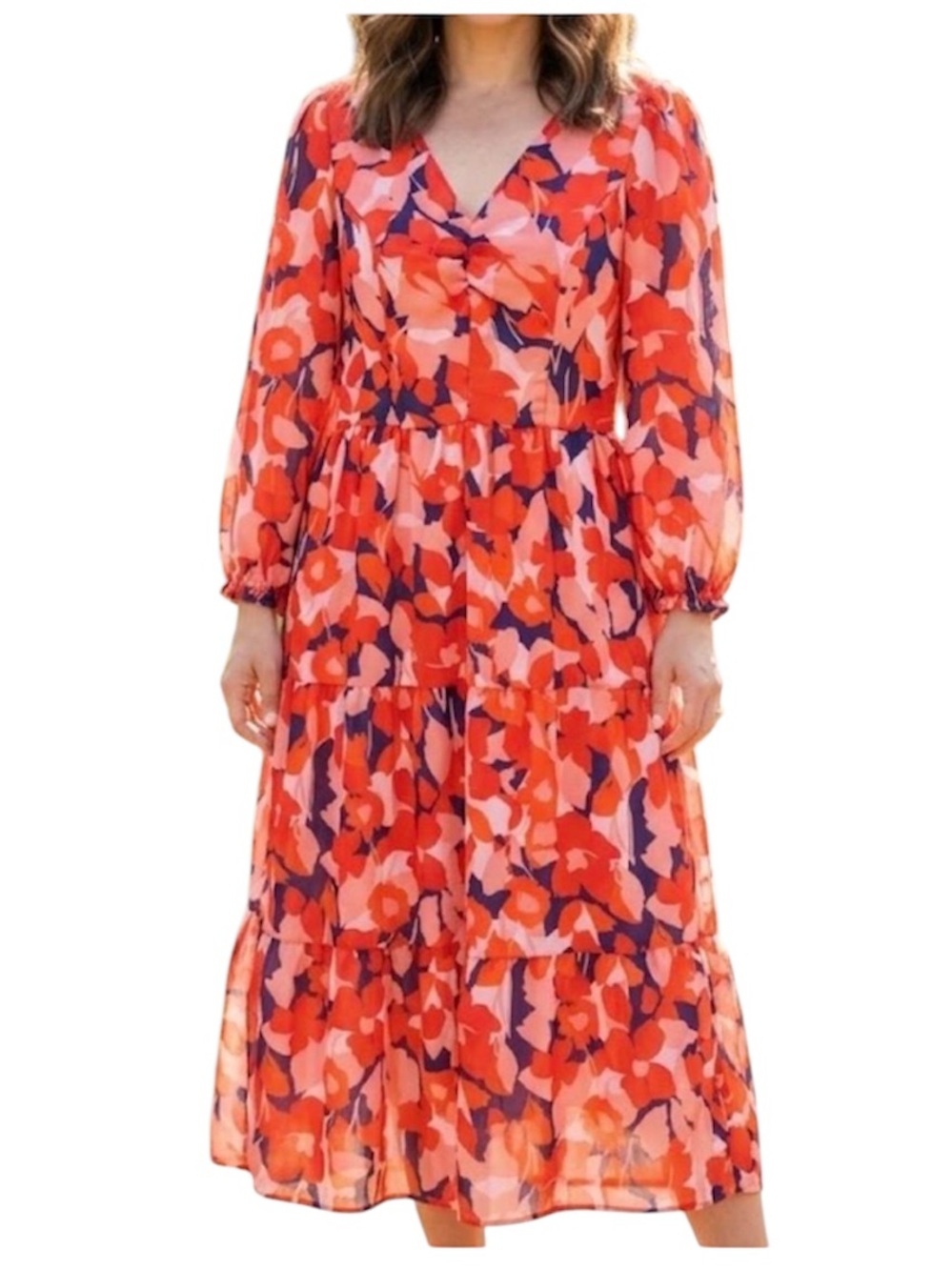 Sincerely Jules Floral Tiered Midi Dress Long Sleeve Chiffon Red Pink Navy Sz M